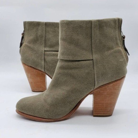 Rag & Bone Newbury Green Canvas Stacked Block Heel Ankle Boots - Picture 6 of 7